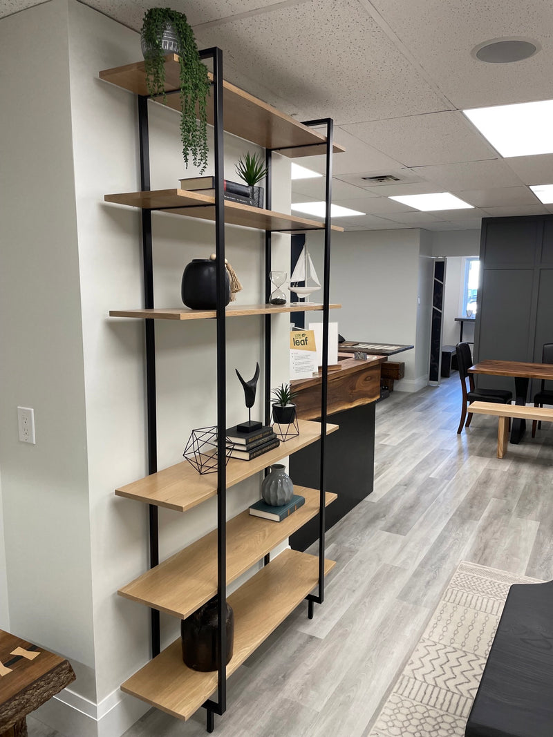 solid wood wall shelf with black steel frame, tall shelving unit