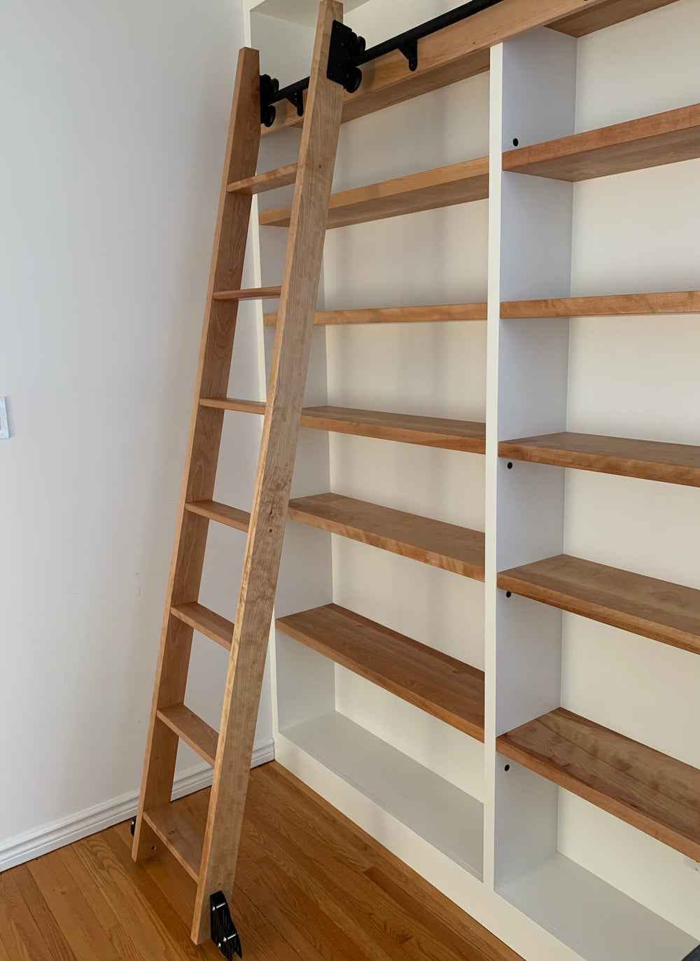 custom birch library built-in, custom solid birch sliding ladder