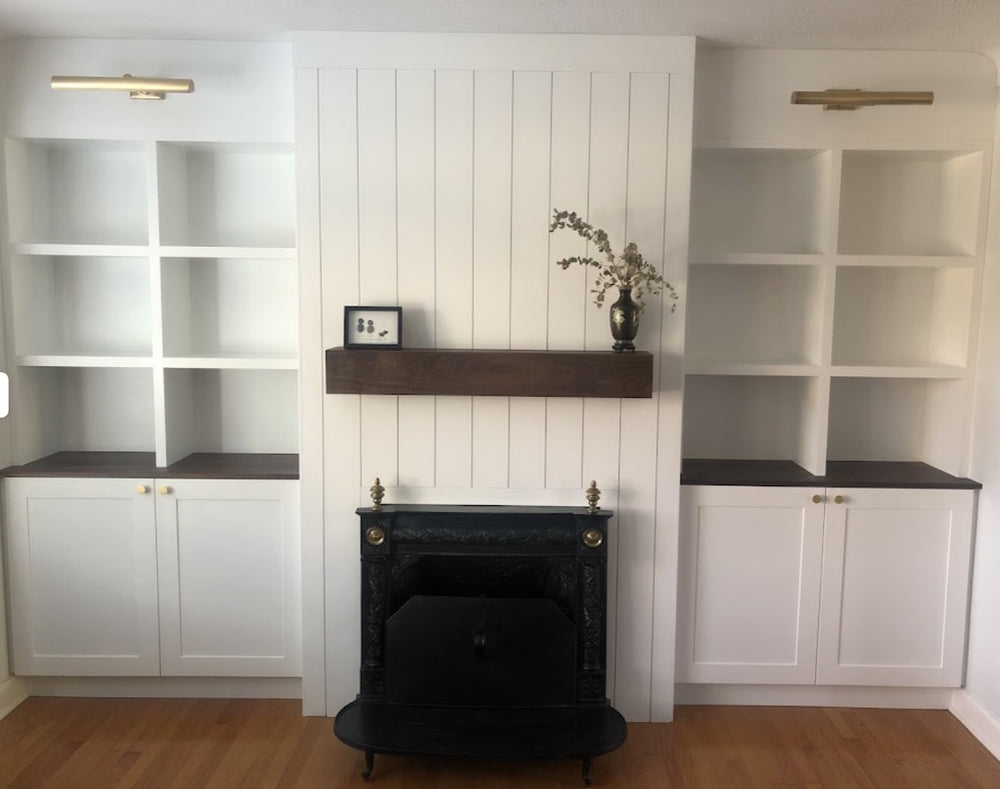 custom built-in shelving MDF with maple edgebanding cabinetry and mantel