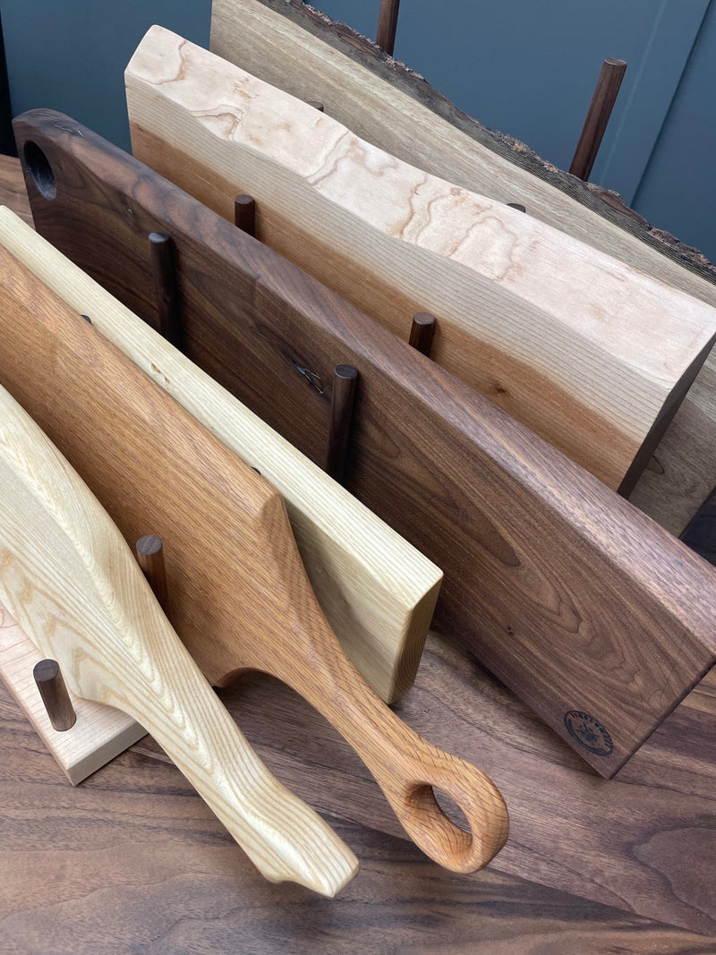 Charcuterie wooden serving boards in walnut, ash, oak and cherry.