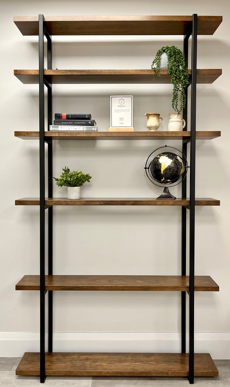 solid wood wall shelf with black steed frame, tall shelving unit