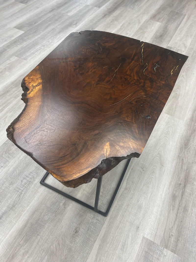 Rustic live edge solid walnut side table with sleek steel welded legs