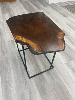 Rustic live edge solid walnut side table with sleek steel welded legs
