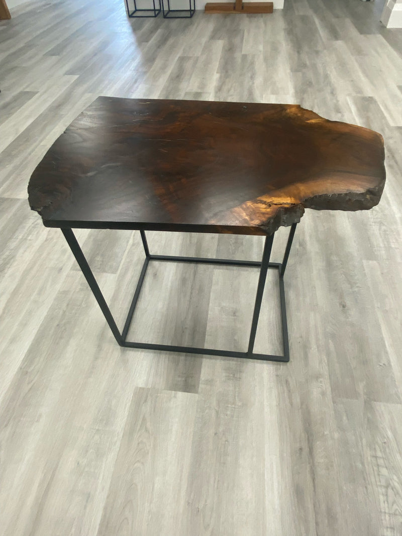 Rustic live edge solid walnut side table with sleek steel welded legs