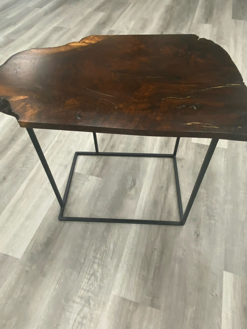 Rustic live edge solid walnut side table with sleek steel welded legs