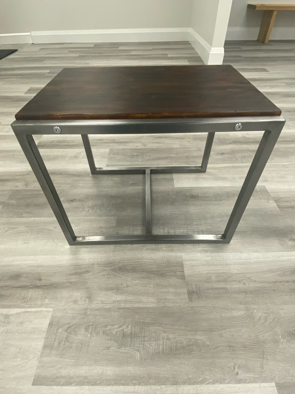 Walnut side table with steel square legs
