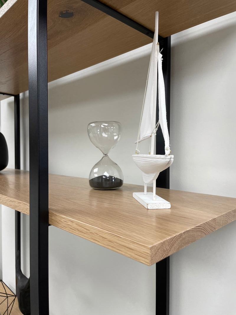 solid wood wall shelf with black steel frame, tall shelving unit