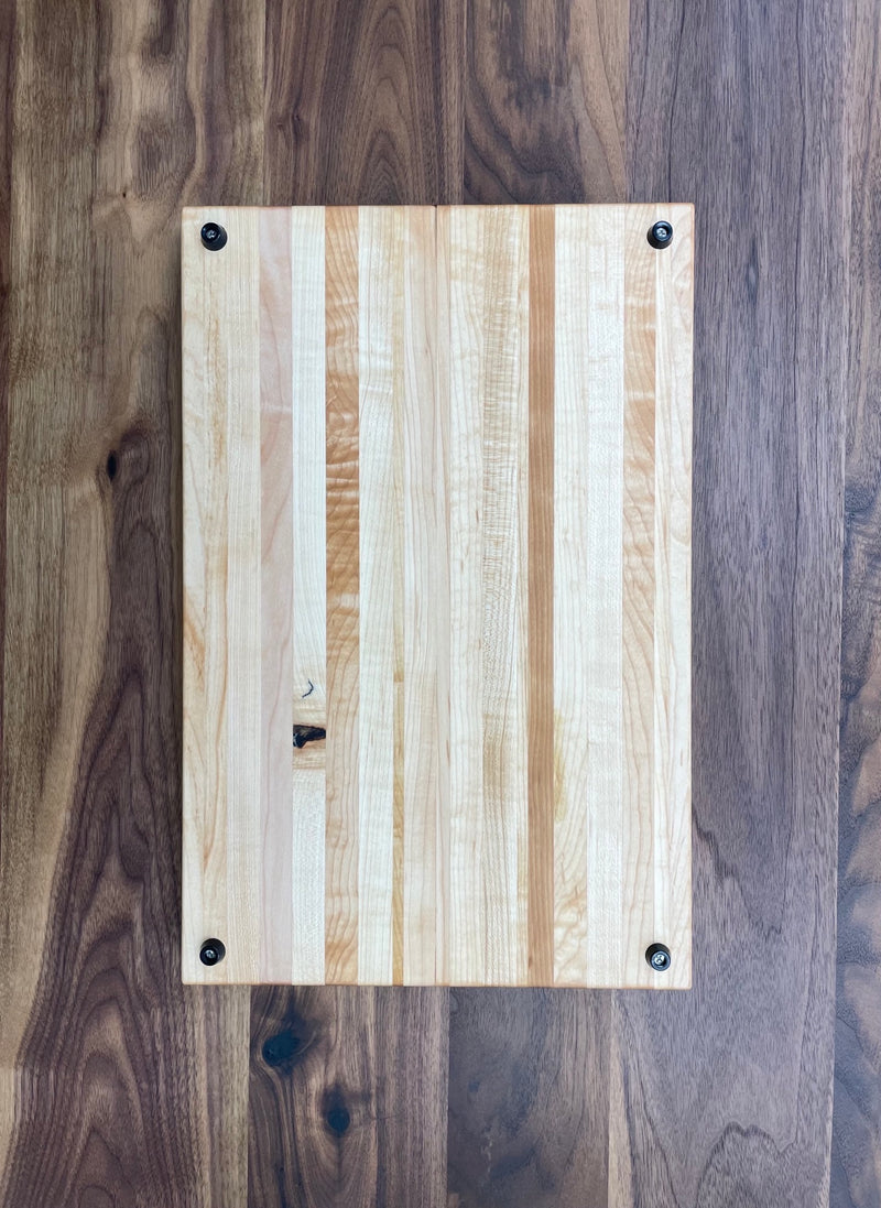 Maple cutting board.  Bottom view showing rubber feet.