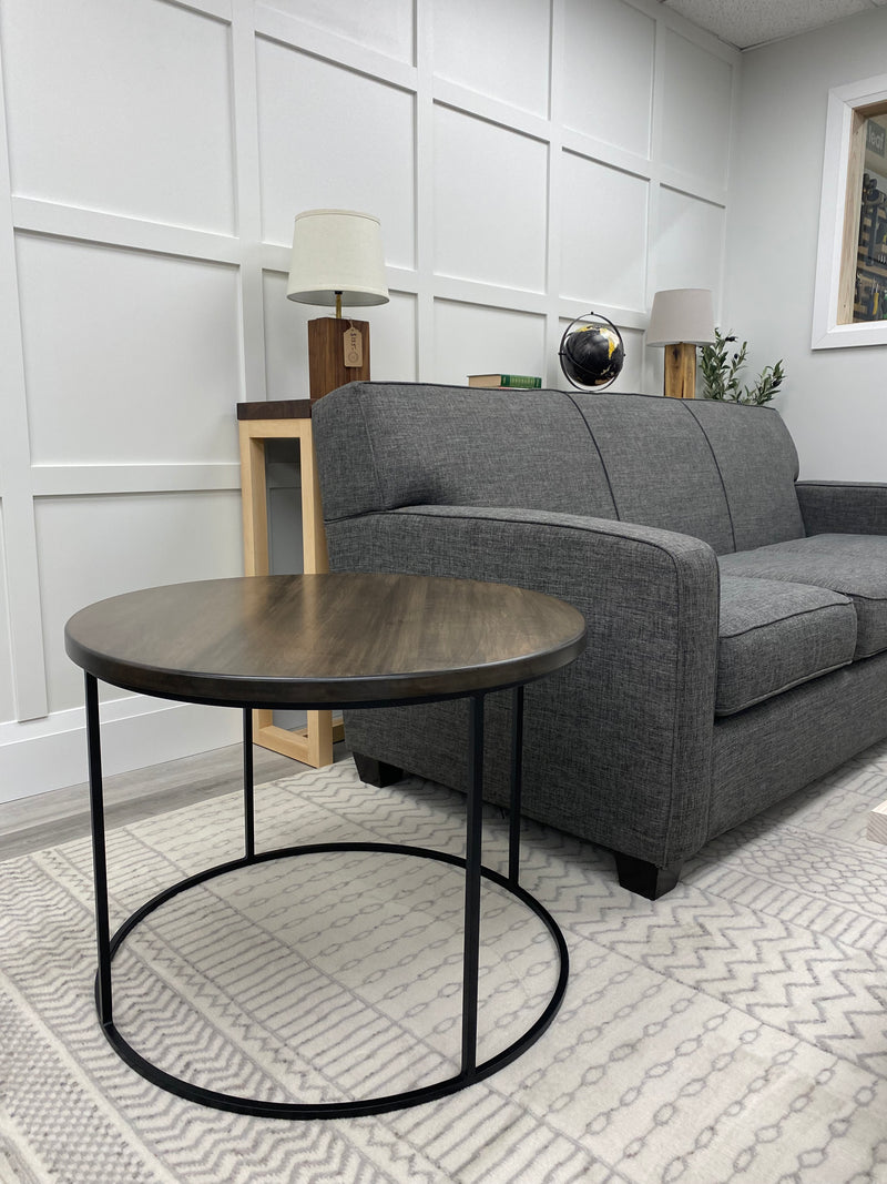 Modern round solid maple side table with black powder coated steel legs 