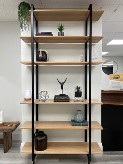 solid wood wall shelf with black steel frame, tall shelving unit