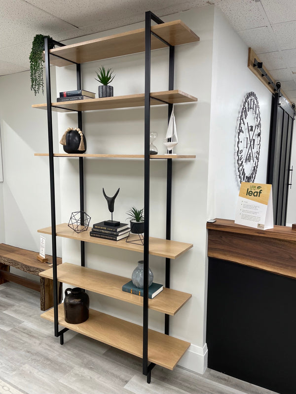 solid wood wall shelf with black steel frame, tall shelving unit