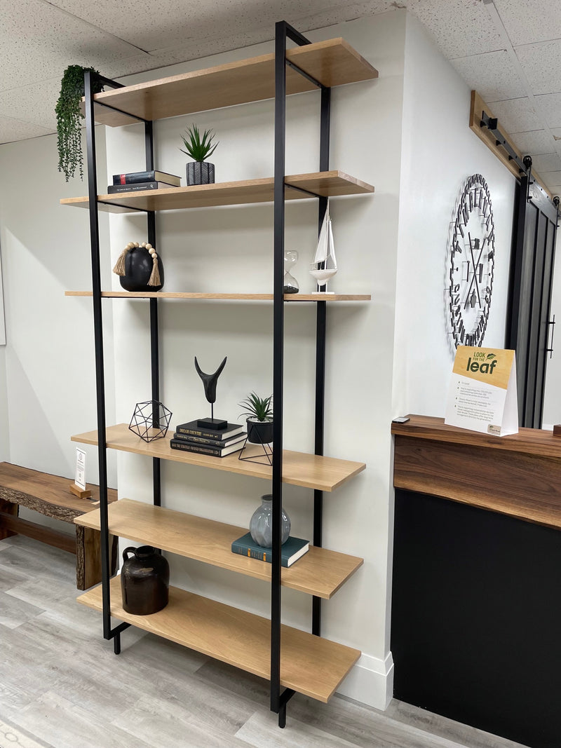 solid wood wall shelf with black steel frame, tall shelving unit