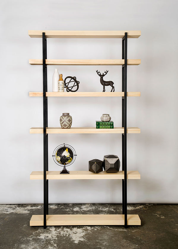 6 shelf unit, dark walnut dark brown colour, clean lines with decorative objects