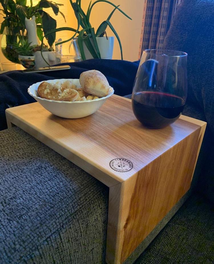 Wooden Couch Caddy Over A Couch Armrest With A Bowl Of Garlic Bread And A Glass Of Wine 
